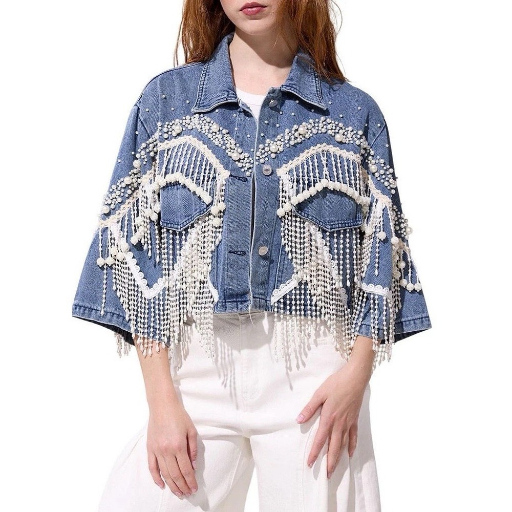 Azalea Wang Adelynne Pearl Wide Sleeves Denim Crop Jean Western Cowgirl Sz M